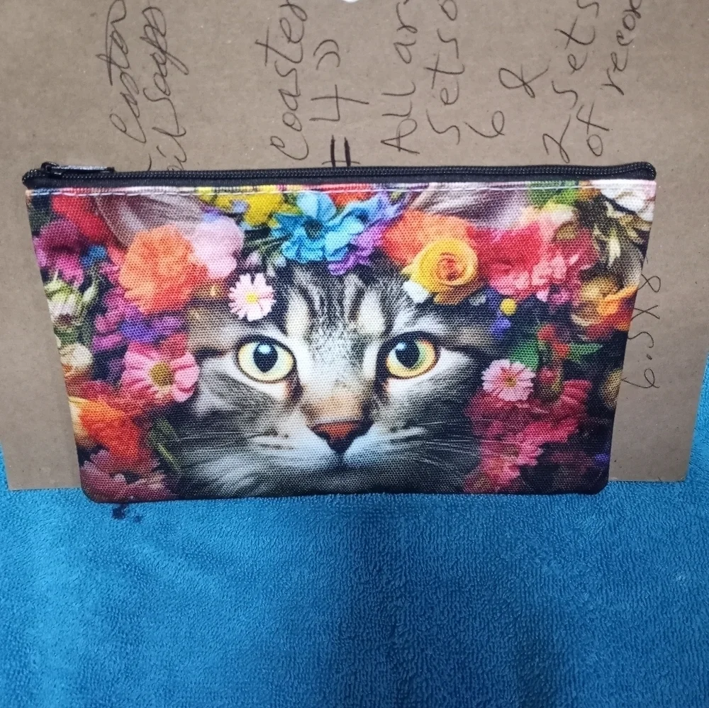 Floral Cat Print Makeup Pouch Cosmetic Bag